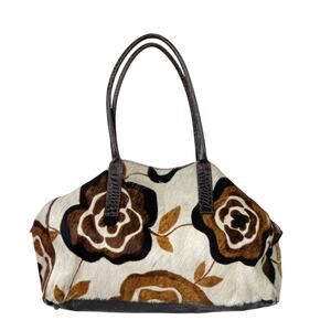 Maurizio Taiuti Animal Calf Hair Cow Purse Bag Double Handles Multicolor Floral